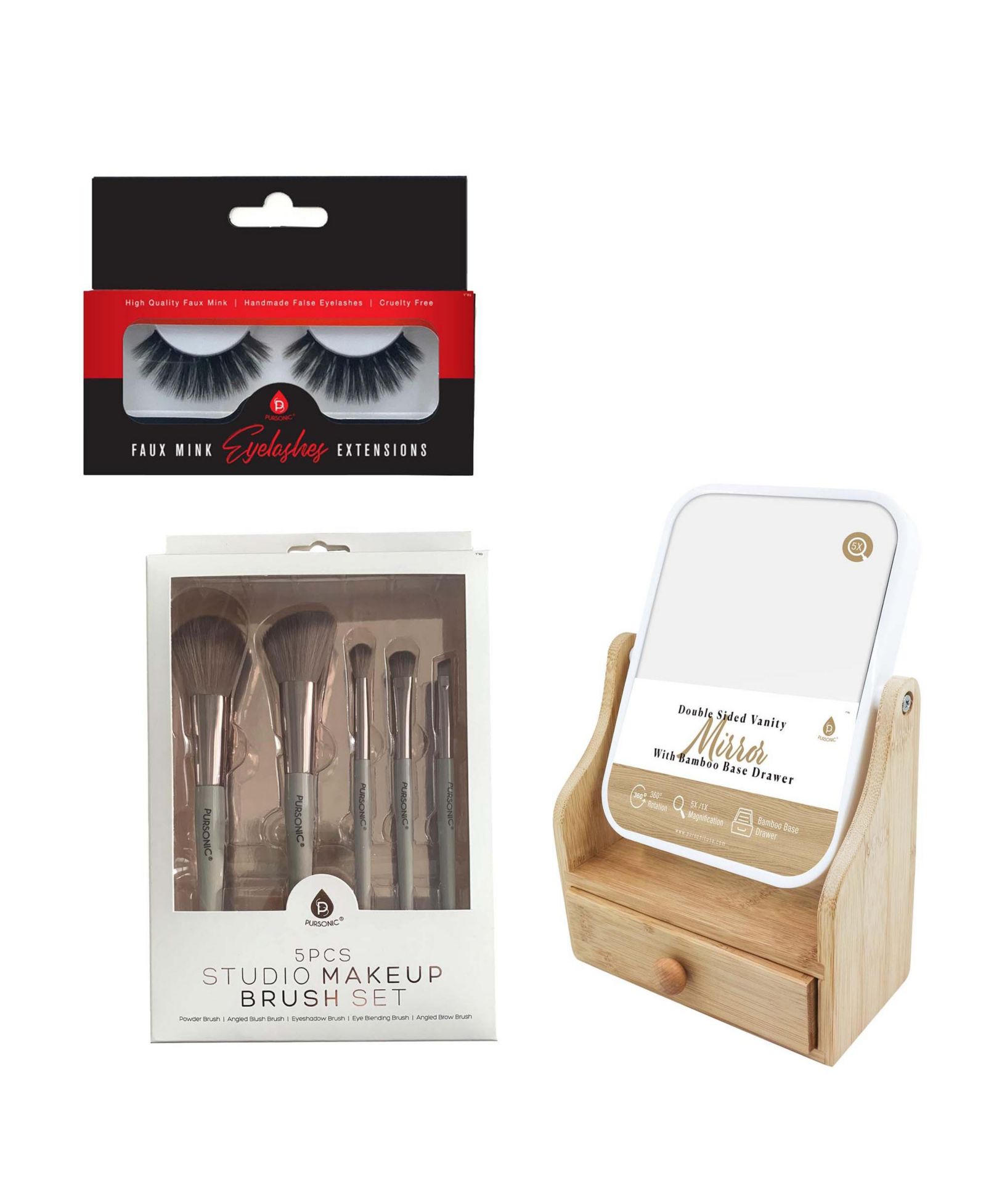 Pursonic Glamour Essentials Bundle: Studio Makeup Brush Set, False Eyelashes Extensions (3 pairs per pack) and Dual-Sided Vanity Mirror