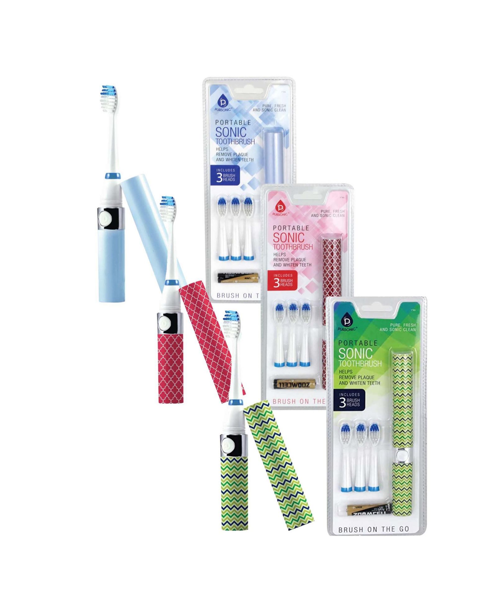 Family Bundle: Pursonic Portable Electric Toothbrush 3-Pack (Blue, Green, Pink)