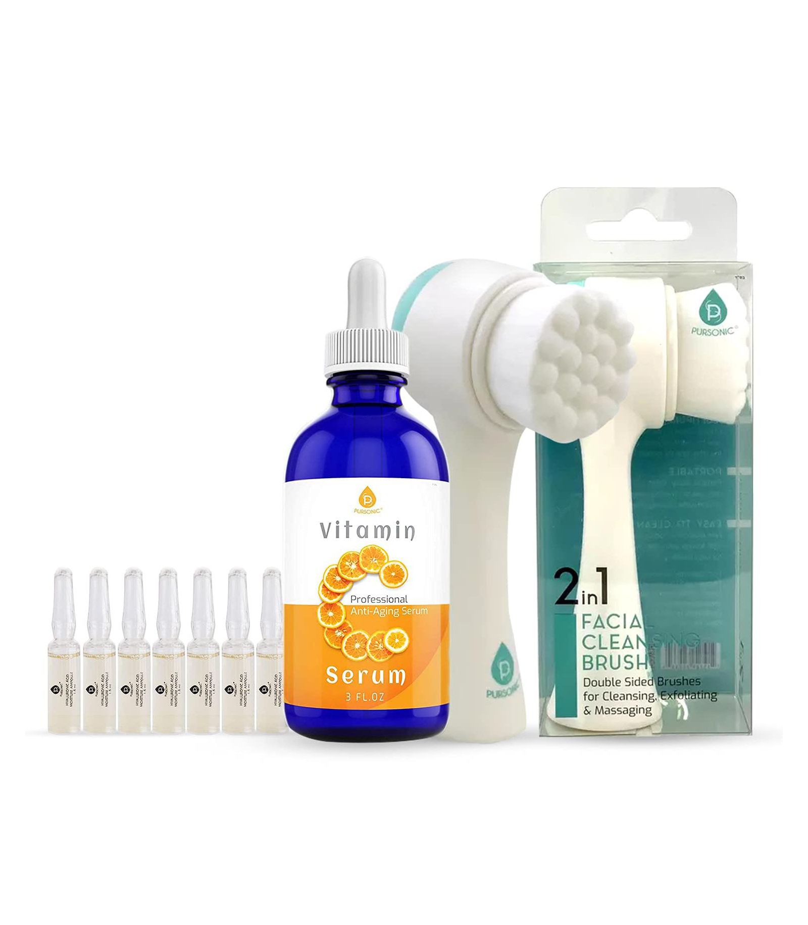 Pursonic Anti-Aging-Exfoliation Set With Vitamin-C Serum, 100% Hyaluronic Acid Treatment Serum & Dual Sided Facial Brush.