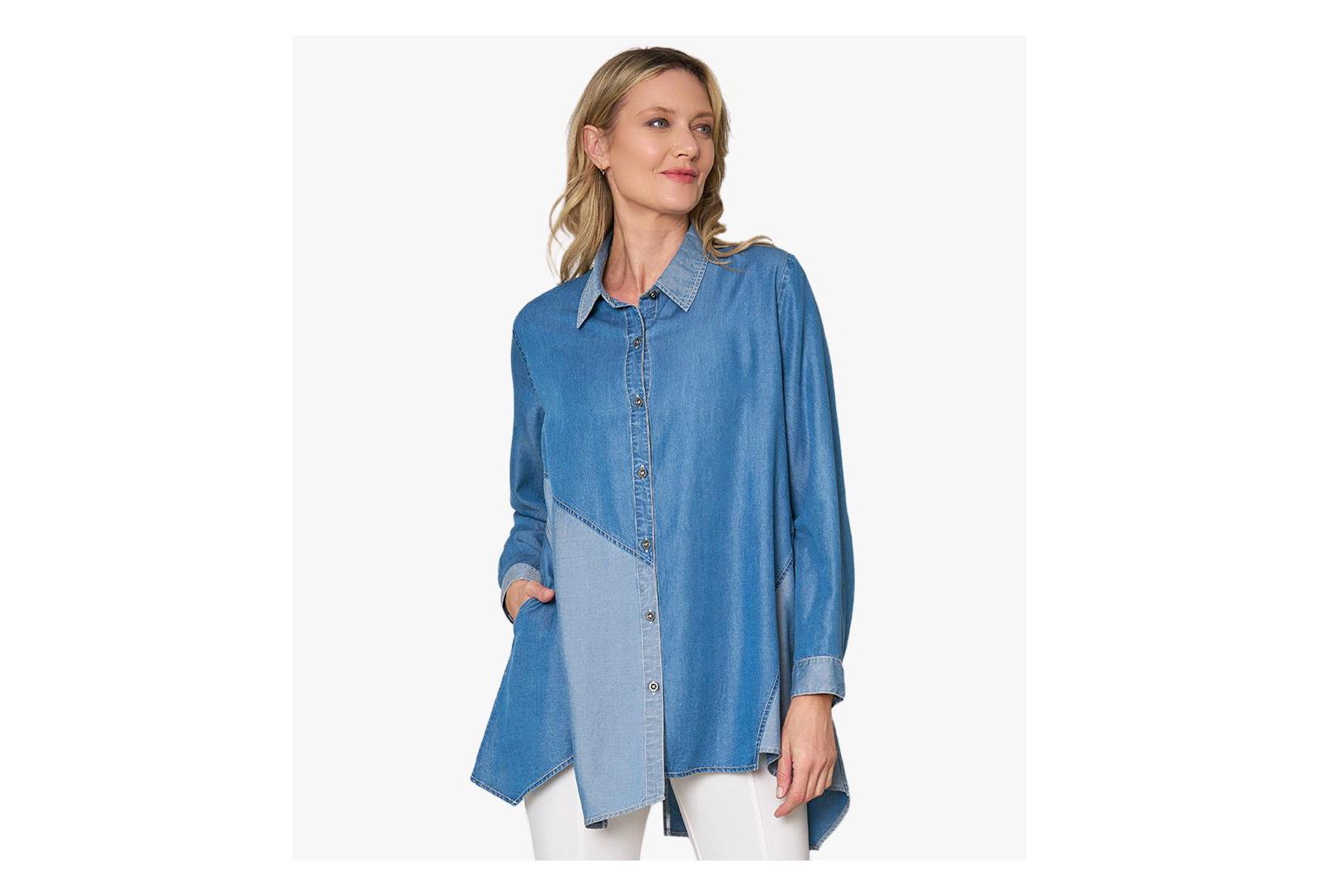 Stella Carakasi Women's Asymmetrical Denim Button-Front Shirt Top Crossroads Tunic
