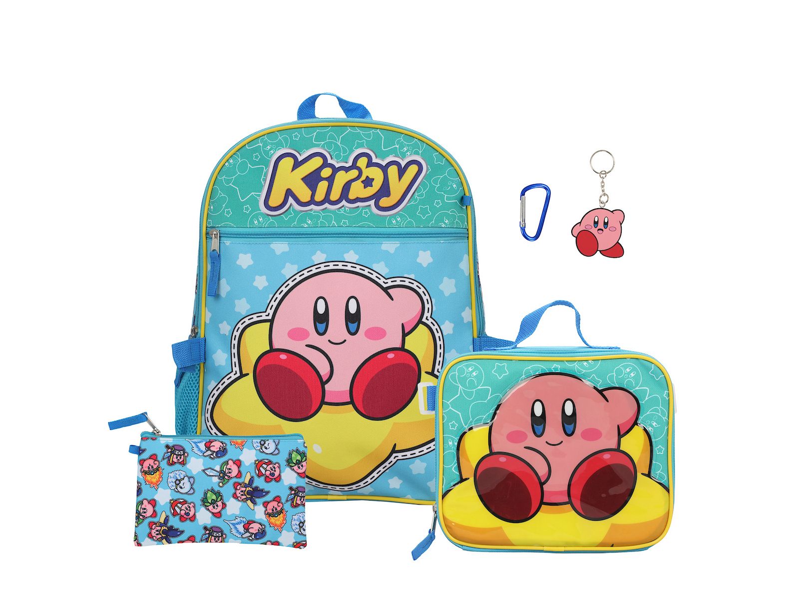 Kirby 5-Piece Set: 16 Backpack Lunchbox Utility Case Rubber Keychain and Carabiner