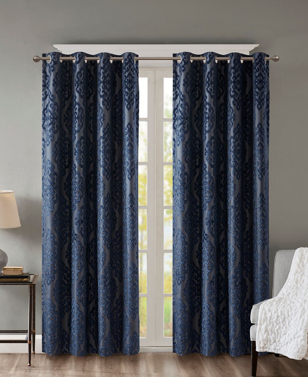 Mirage Knitted Jacquard Damask Total blackout curtains panel, Silver grommet top fit up to 1.25 inches rod Single Curtain Panel for Bedroom