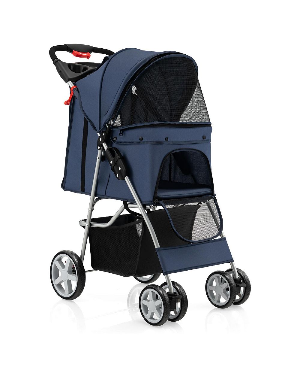 Folding Pet Stroller with Storage Basket and Adjustable Canopy
