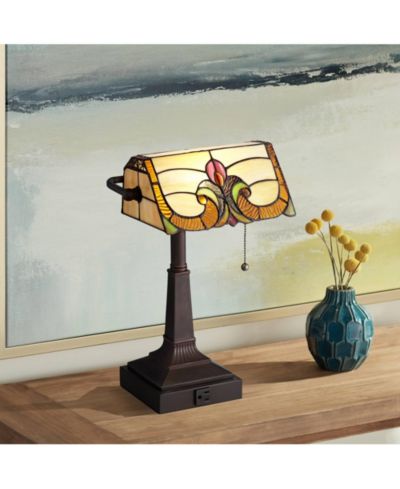 Robert Louis Tiffany Traditional Piano Banker Desk Table Lamp 17" High with AC Power Outlet Bronze Floral Art Glass Bedroom Office