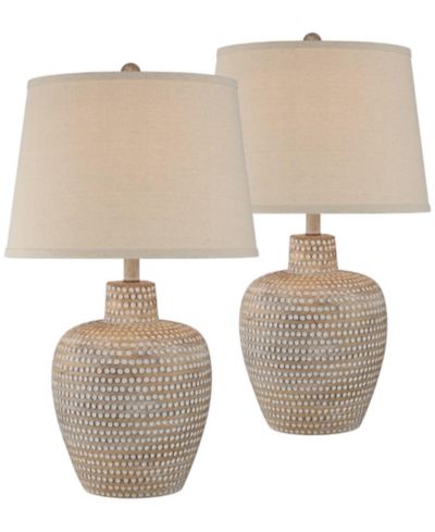 Regency Hill Glenn Rustic Farmhouse Table Lamps 27" Tall Set of 2 Dappled Oatmeal Fabric Drum Shade for Bedroom Living Room Bedside Office