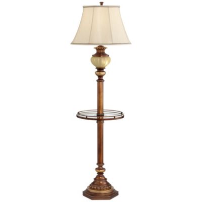 Kathy Ireland Hyde Park Vintage Rustic Floor Lamp with Glass Tray Table 65" Tall Nightlight Fabric Bell Shade for Living Room Office Home