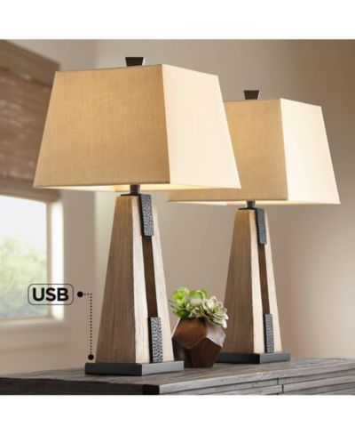 John Timberland Mitchell Rustic Farmhouse Table Lamps 27" Set of 2 Wood with USB Charging Port Oatmeal Tapered Rectangular Shade для гостиной