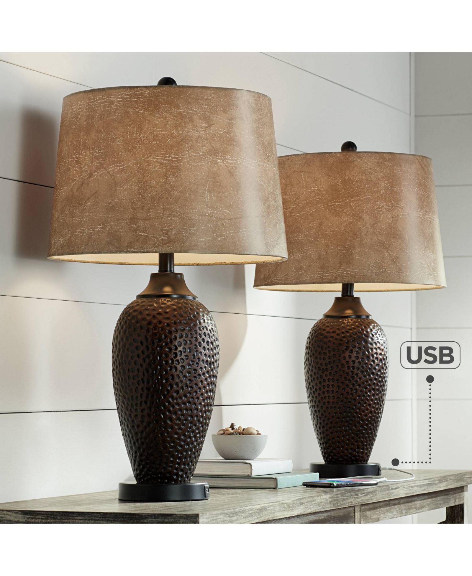 Набор из 2 настольных ламп Franklin Iron Works Kaly Rustic Industrial, высота 25", с USB-портом и абажуром из искусственной кожи