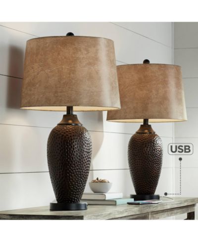 Набор из 2 настольных ламп Franklin Iron Works Kaly Rustic Industrial, высота 25", с USB-портом и абажуром из искусственной кожи