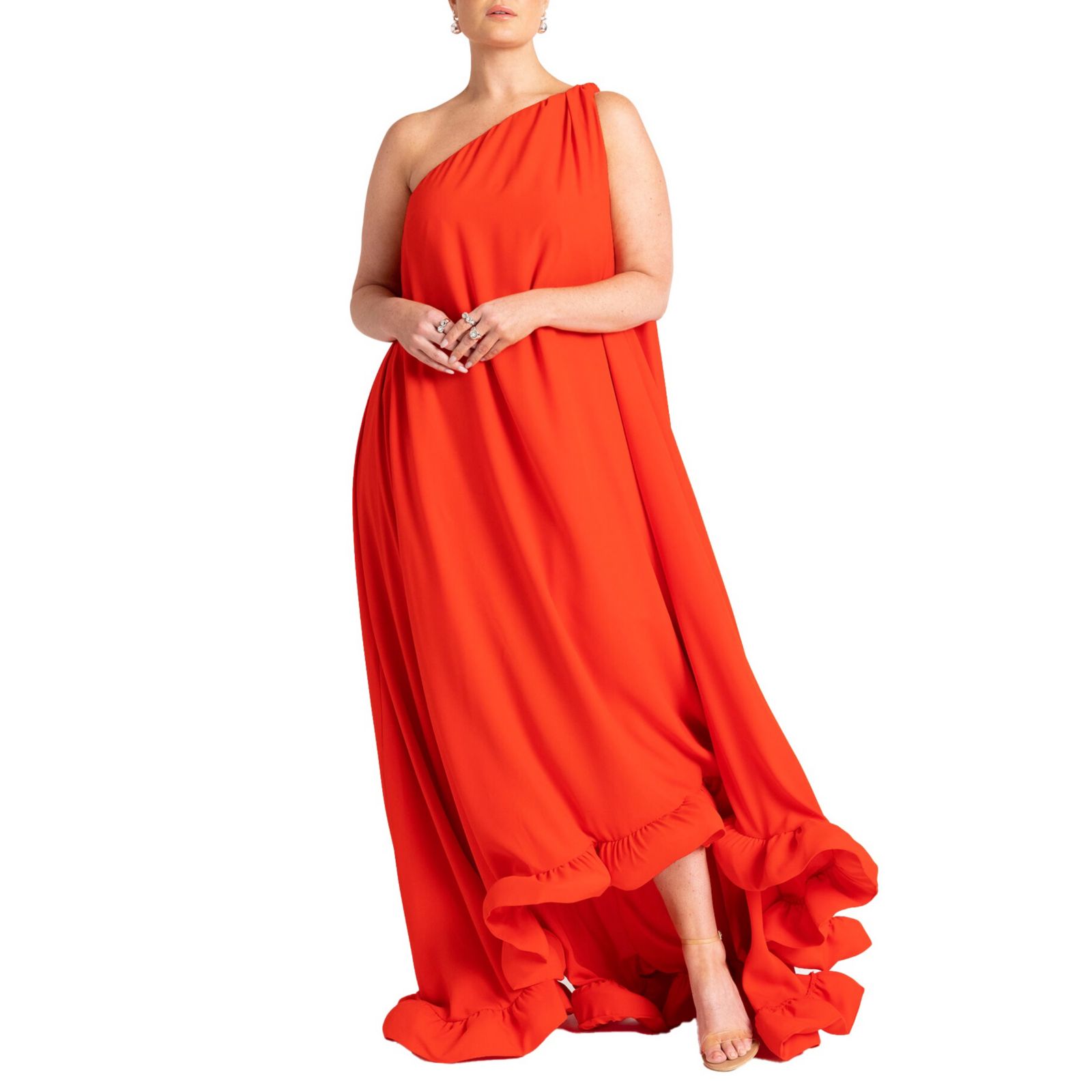 ELOQUII Women's Dramatic One-Shoulder Ruffle Gown