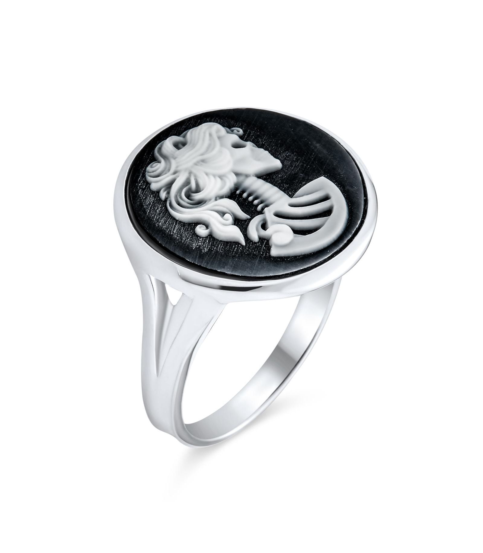 Bling Jewelry Goth Punk Black White Female Skelton Skull Cameo Ring .925 Sterling Silver