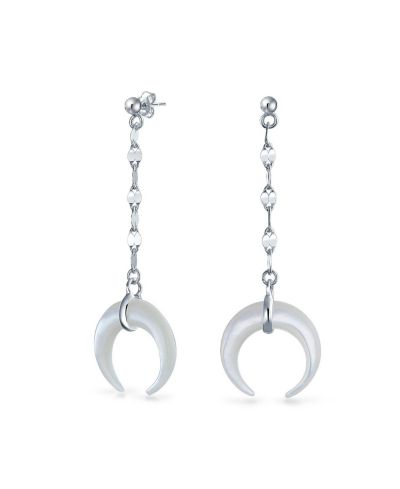 Серьги Bling Jewelry Crescent Moon White MOP Italian Horn Dangle.925 Sterling Silver