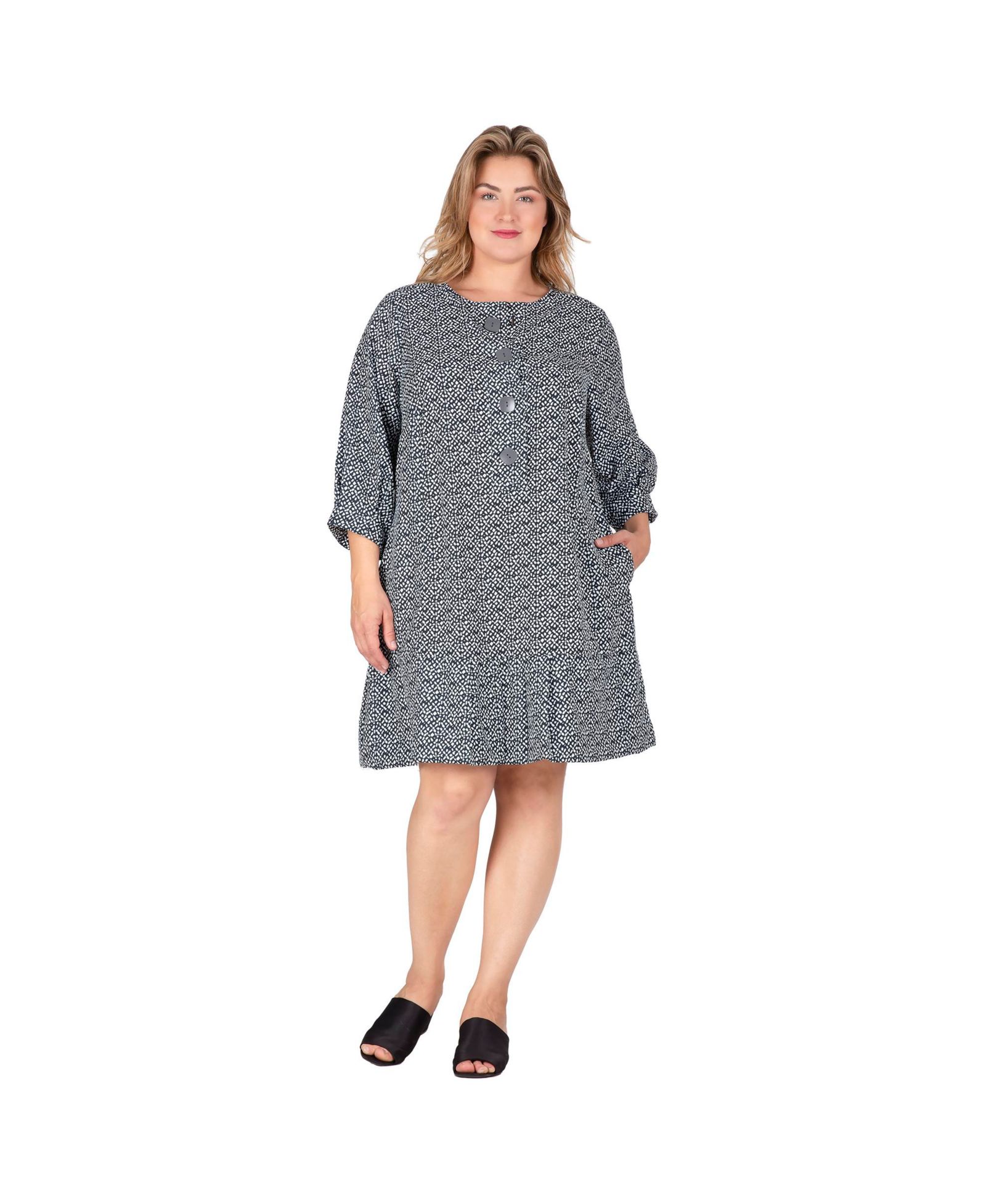 Standards & Practices Plus Size Pullover 3/4 Sleeve Flounce Pleated Midi Hem Dress