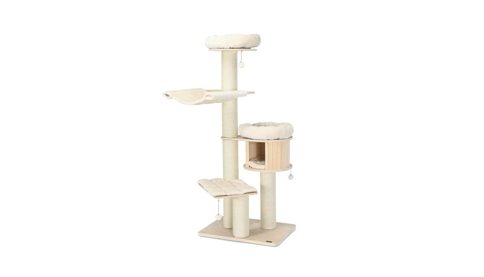 4-Layer 68.5-Inch Wooden Cat Tree Condo Activity Tower with Sisal Posts-Natural