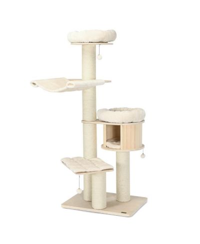 4-Layer 68.5-Inch Wooden Cat Tree Condo Activity Tower with Sisal Posts-Natural