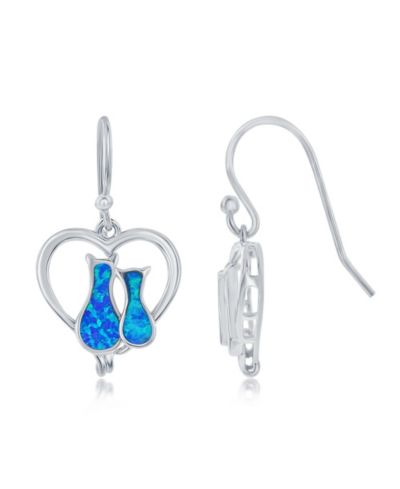 Caribbean Treasures Sterling Silver Opal Cats in a Heart Earrings