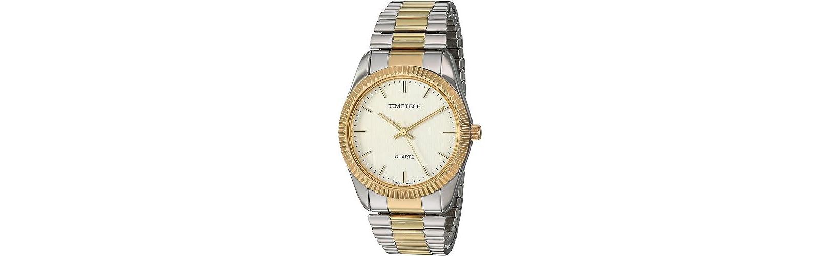 TIMETECH Men's Two Tone Expansion Watch with Stretch Bracelet and Ribbed Coin Edge Bezel