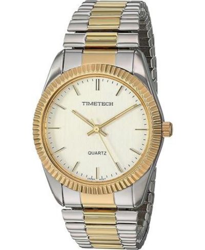 TIMETECH Men's Two Tone Expansion Watch with Stretch Bracelet and Ribbed Coin Edge Bezel