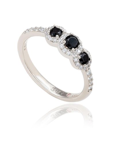 Suzy Levian New York Sterling Silver Cubic Zirconia 3-Stone Halo Petite Ring