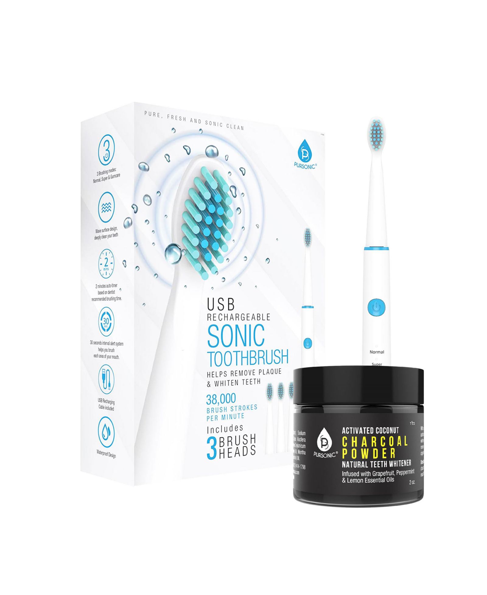 PURSONIC USB Rechargeable Rotary Toothbrush + Freebie Activated Coconut Charcoal Powder Natural Teeth Whitener