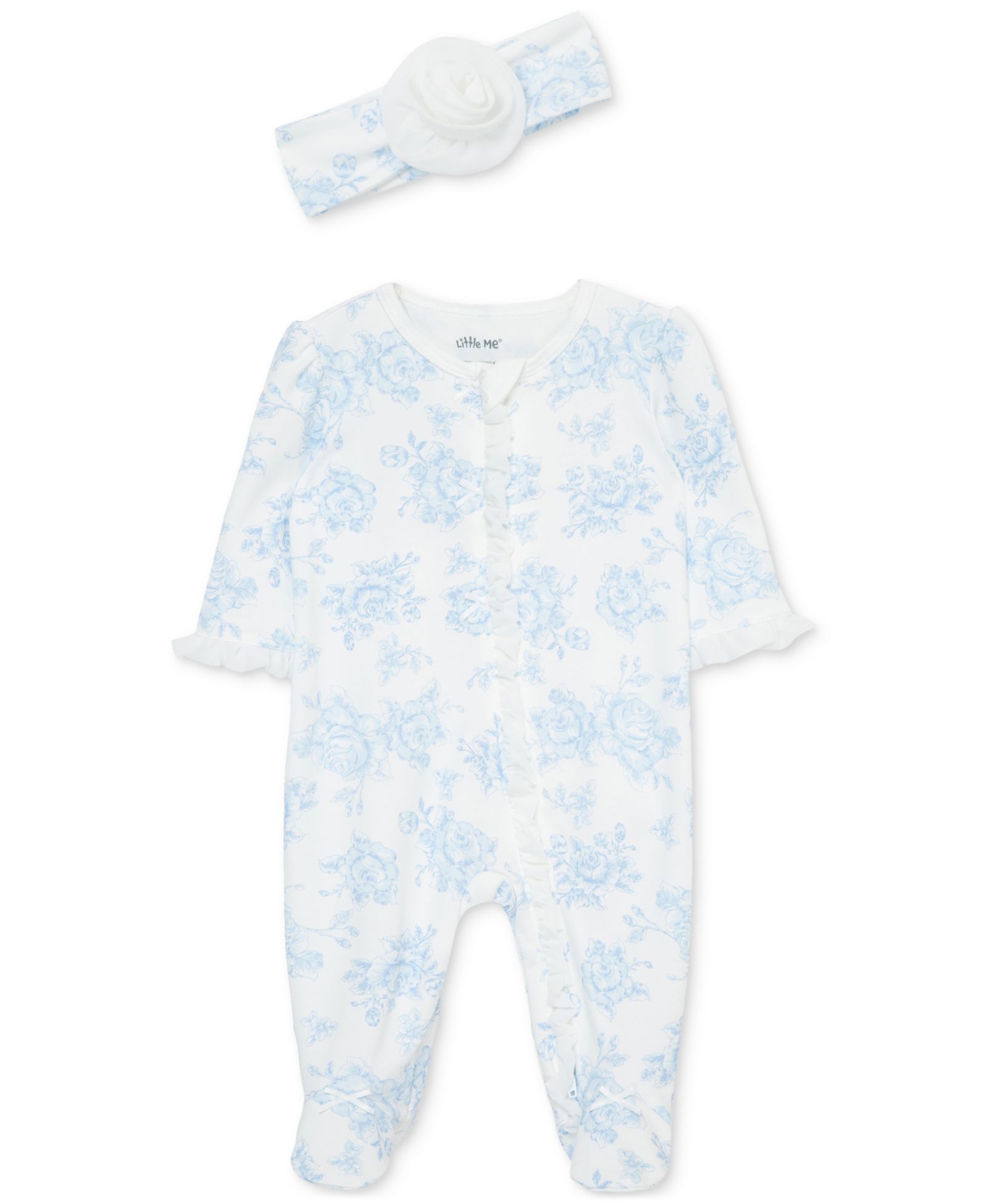 Little Me Baby Girls Cotton Blue Roses Footie & Headband Set