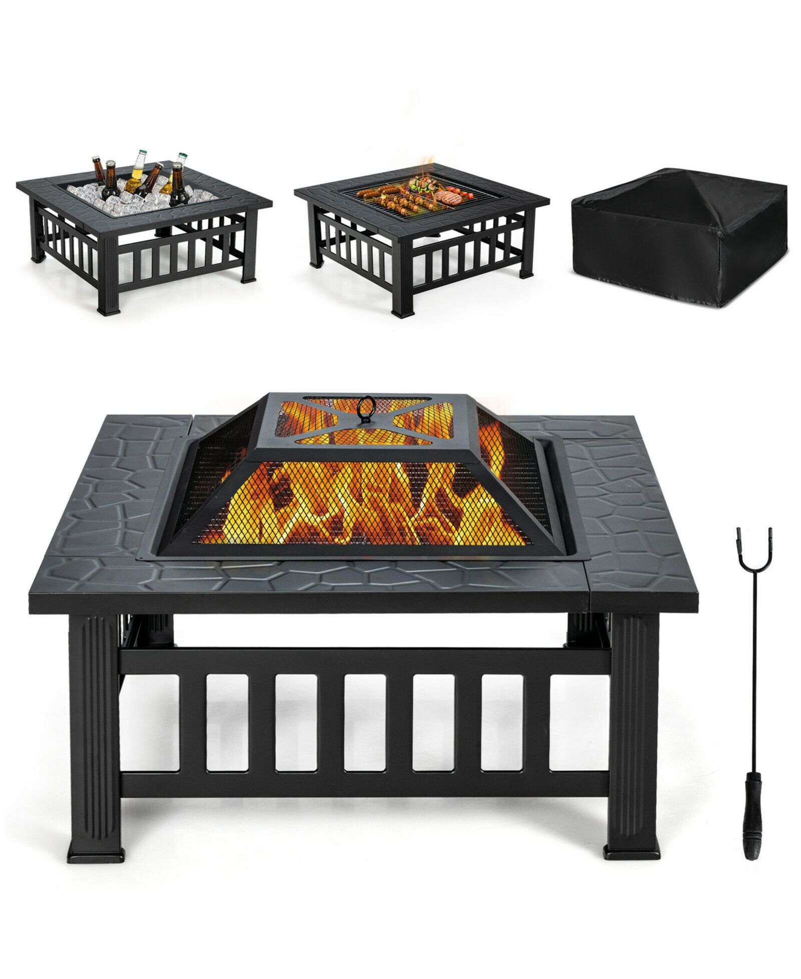 Gymax 32'' 3 in 1 Outdoor Square Fire Pit Table W/ BBQ Grill Rain Cover for Camping