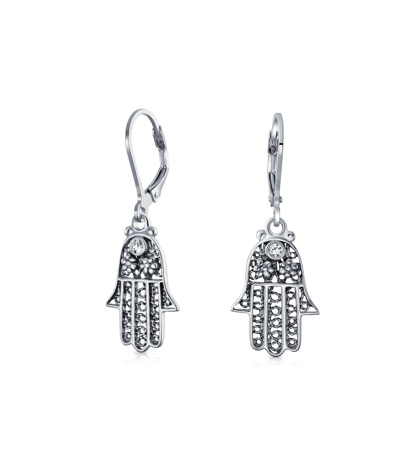 Bling Jewelry Amulet Hamsa Hand Dangle Earrings Oxidized .925 Sterling Silver Lever Back