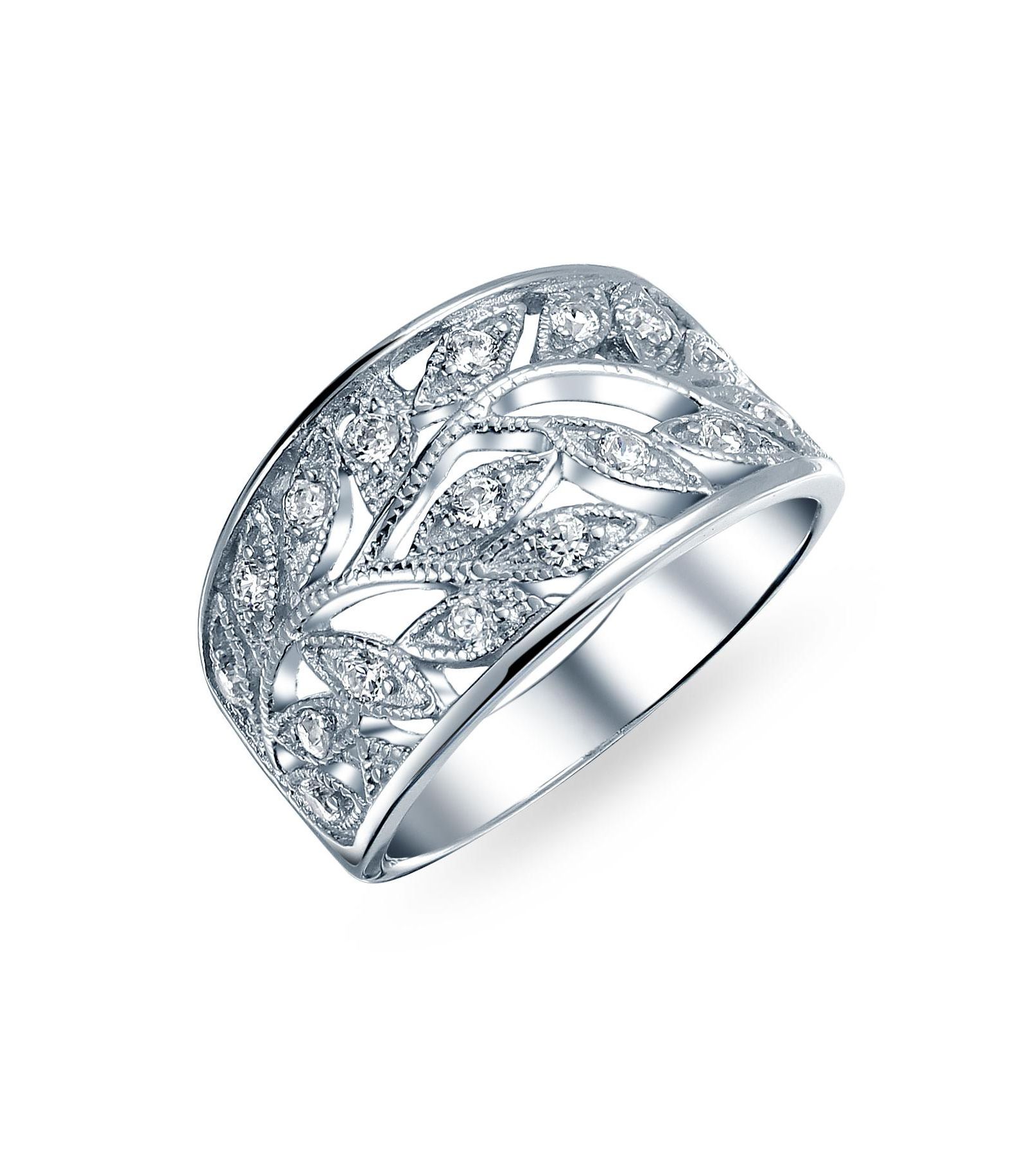 Bling Jewelry кольцо из стерлингового серебра с широкой полосой из кубического циркония и листьев