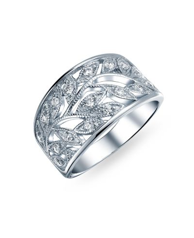 Bling Jewelry кольцо из стерлингового серебра с широкой полосой из кубического циркония и листьев