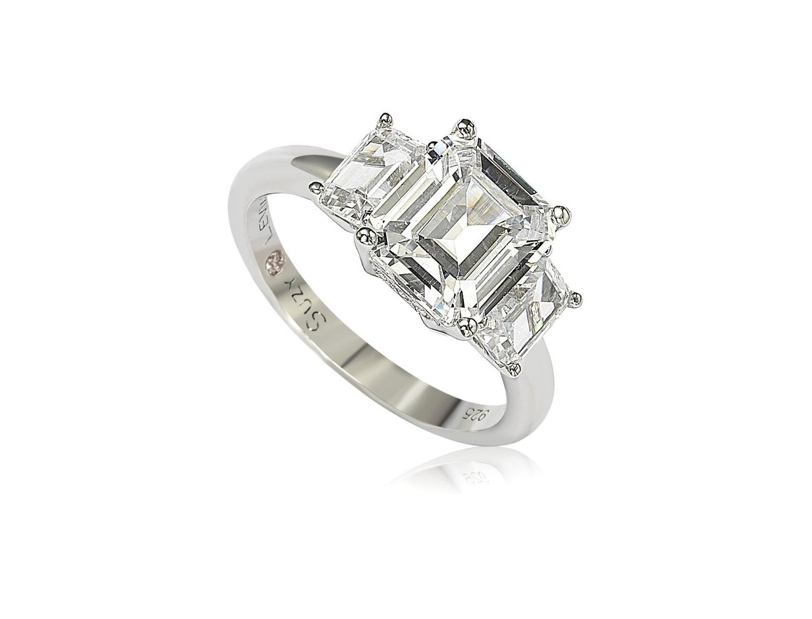 Suzy Levian Sterling Silver Cubic Zirconia Emerald Cut 3.50cttw 3-Stone Center Stone Ring