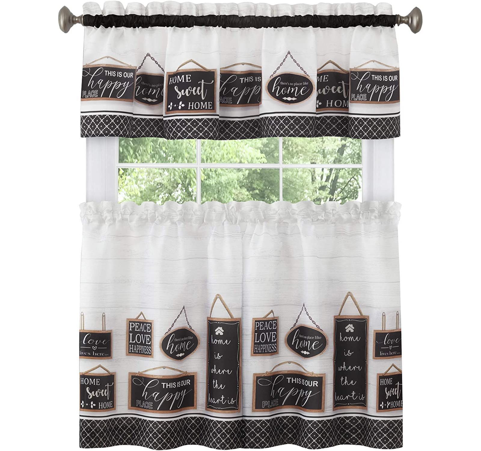 Kate Aurora Modern Farmhouse Complete 3 Piece Rod Pocket Tier and Valance Kitchen Curtain Set