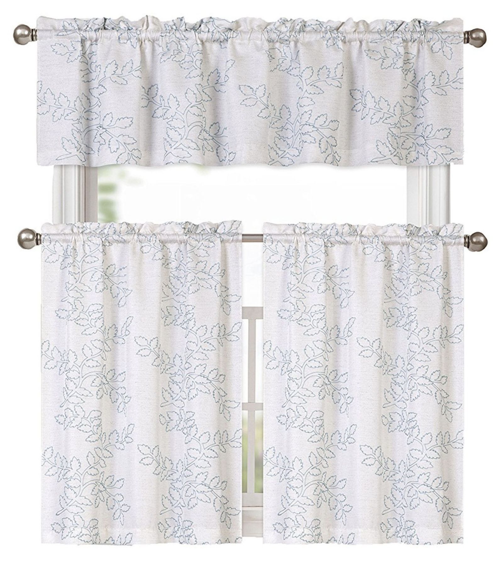 Kate Aurora Shabby Living Brielle Complete 3 Piece Embroidered Floral Cafe Kitchen Curtain Tier & Valance Set