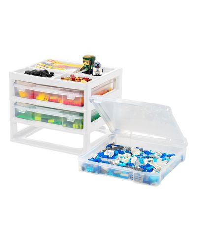 IRIS Fits 12" x 12" Paper 3 Tier Scrapbook Storage Unit with Organizer Top for Building Blocks Lego Papers, White/Clear