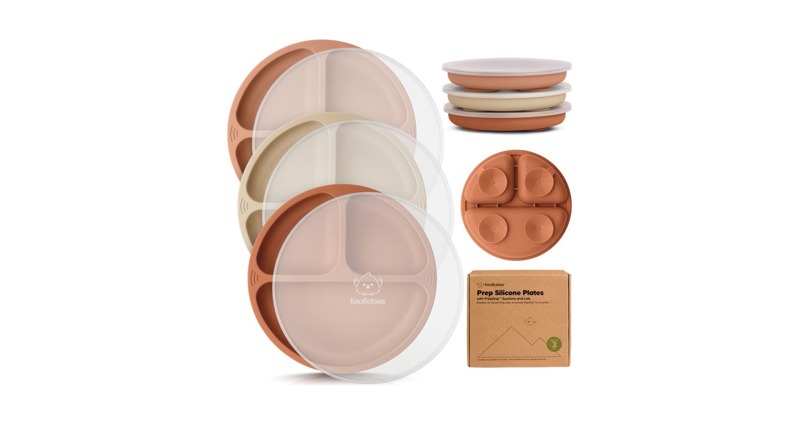 KeaBabies 3-Pack Prep Suction Plates with Lids, 100% Silicone Baby Plates with Lid, BPA-Free Kids Divided Toddler Plates