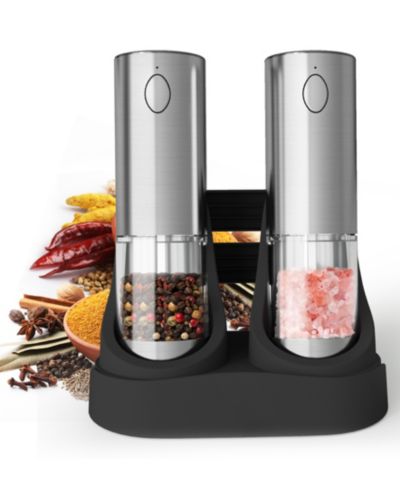 95-ml Rechargeable Electric Salt and Pepper Grinder Set – Stainless Steel Mills with LED Light and Adjustable Coarseness Charging Base