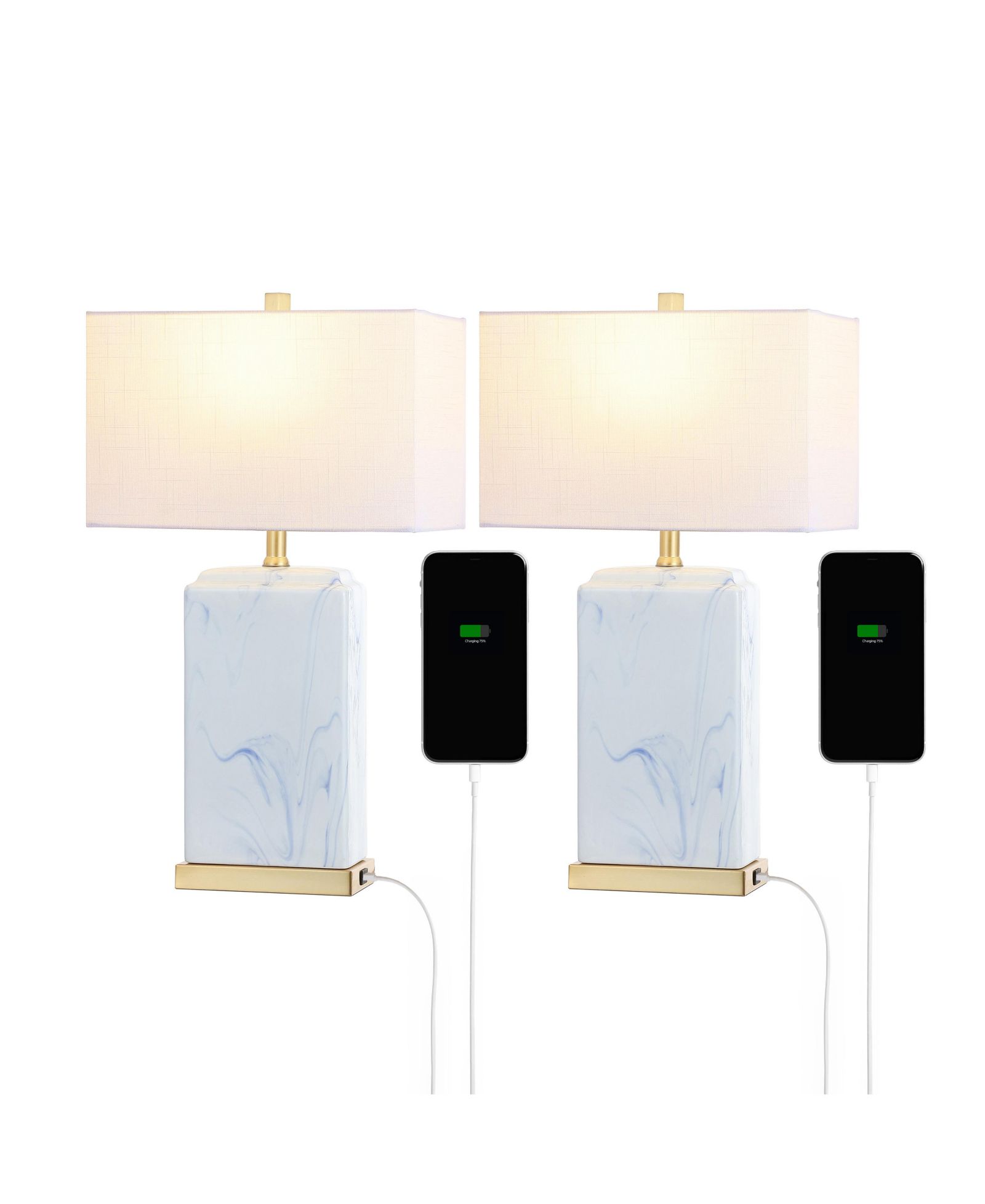 Chloe современная настольная LED лампа Coastal Iron/Marbled Ceramic с портом USB, Blue/White, набор из 2 шт