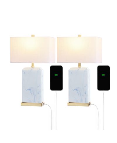 Chloe современная настольная LED лампа Coastal Iron/Marbled Ceramic с портом USB, Blue/White, набор из 2 шт