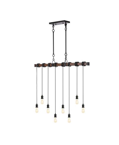 Rhys 40" 8-Light Vintage Industrial Driftwood Iron LED Linear Chandelier with Height Adjustable Bulbs, Brown Wood Finish/Black
