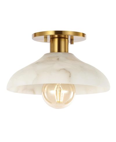 Amara 10" 1-Light Mid-Century Classic Alabaster/Iron LED Semi Flush Mount, White/Brass Gold