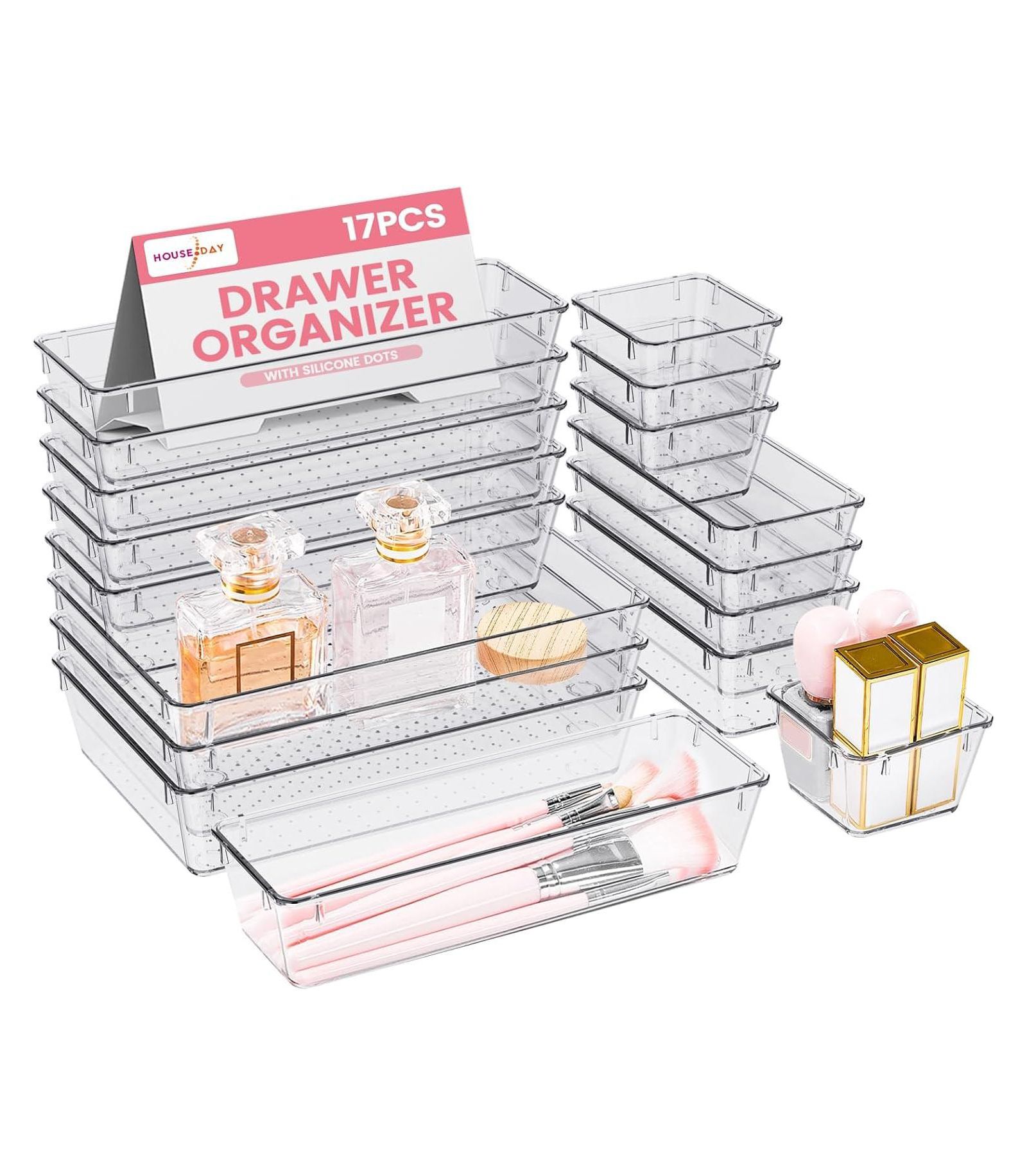 Makeup Drawer Trays 4-Type Clear Drawer Organizers with Silicone Pads