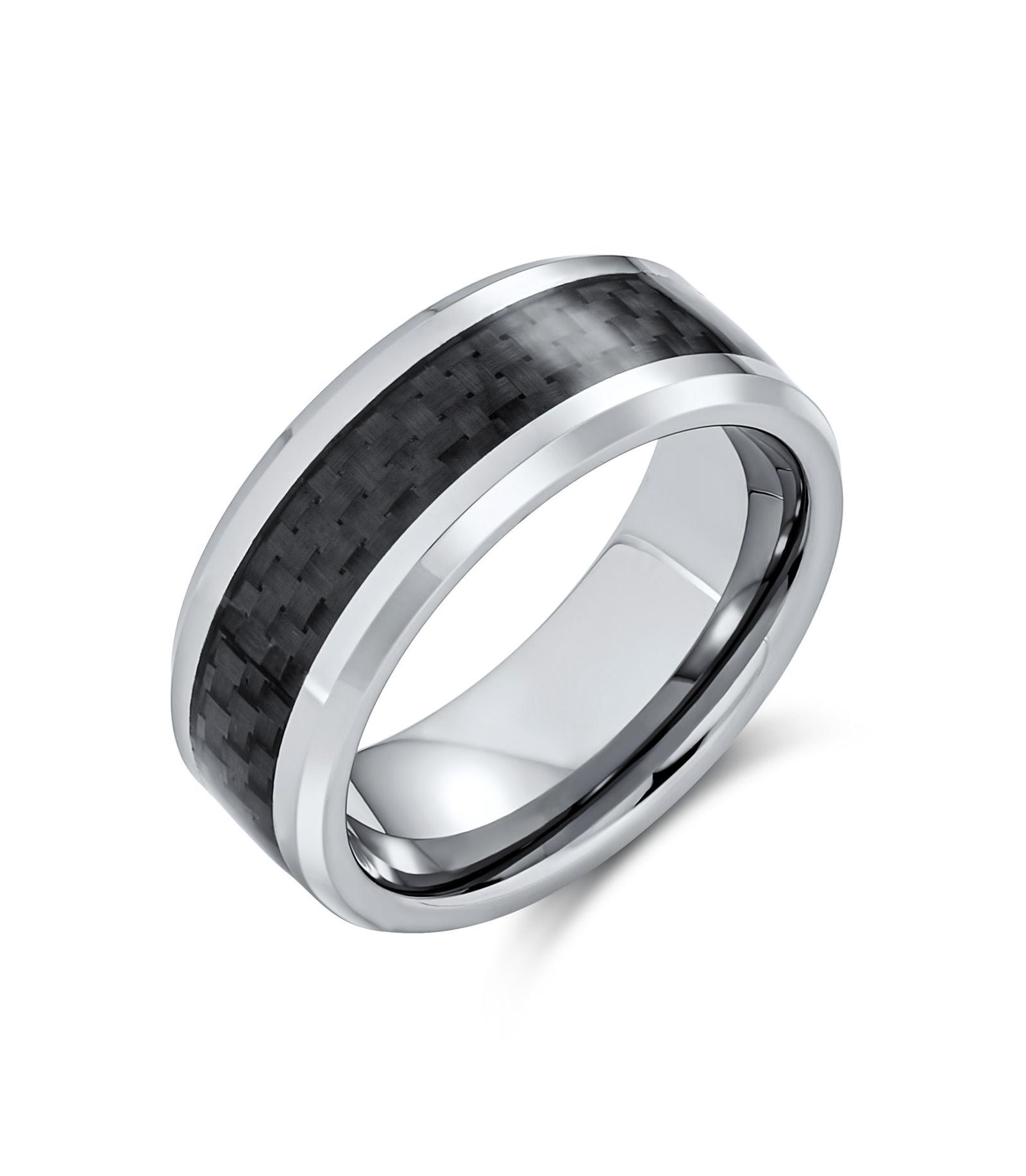 Bling Jewelry Geometric Pattern Grey Black Carbon Fiber Inlay Couples Titanium Band Rings Comfort Fit 8MM