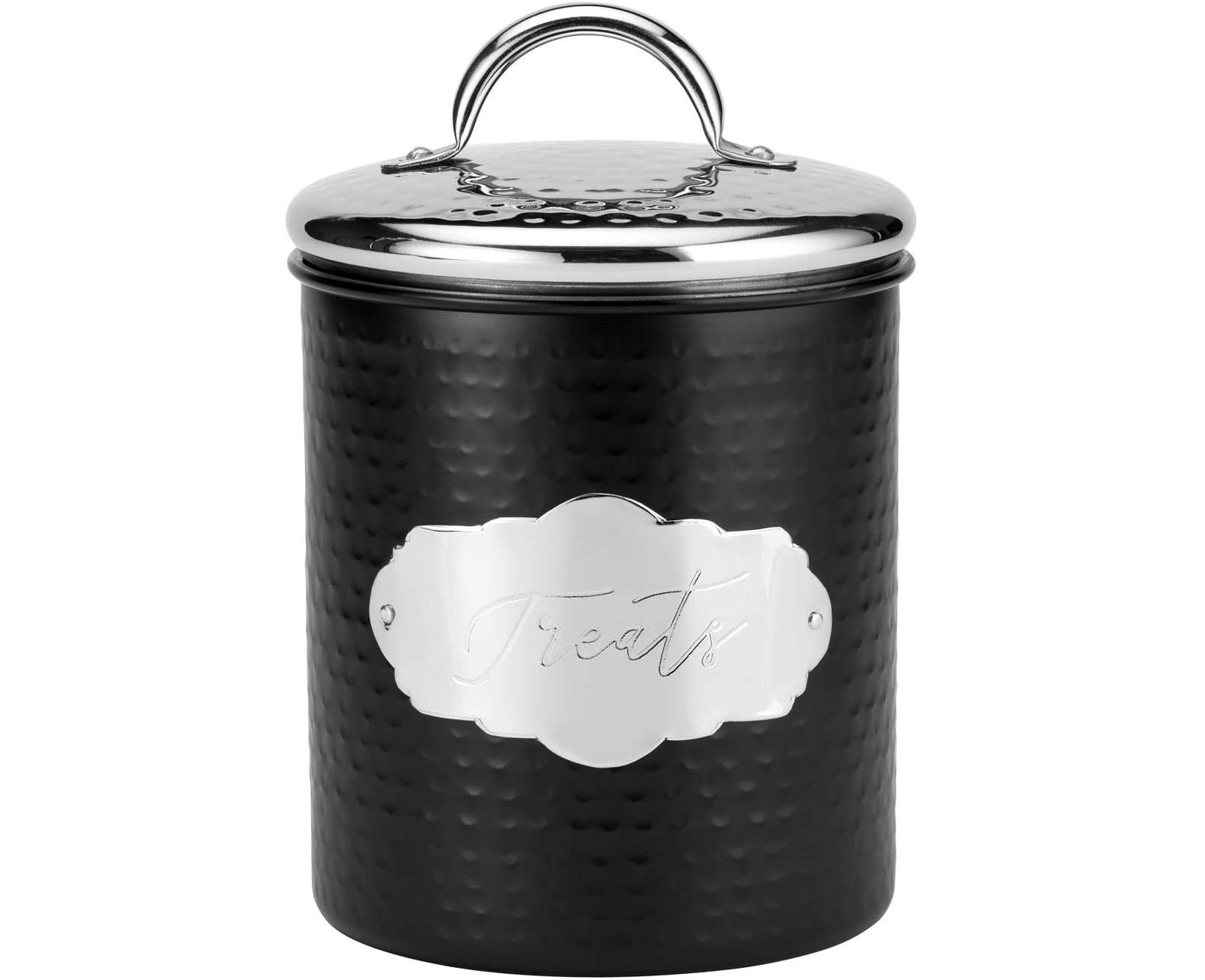 Amici Pet Cavalier Small Metal Canister Treats Jar, 40 oz., Black w/ Silver Lid