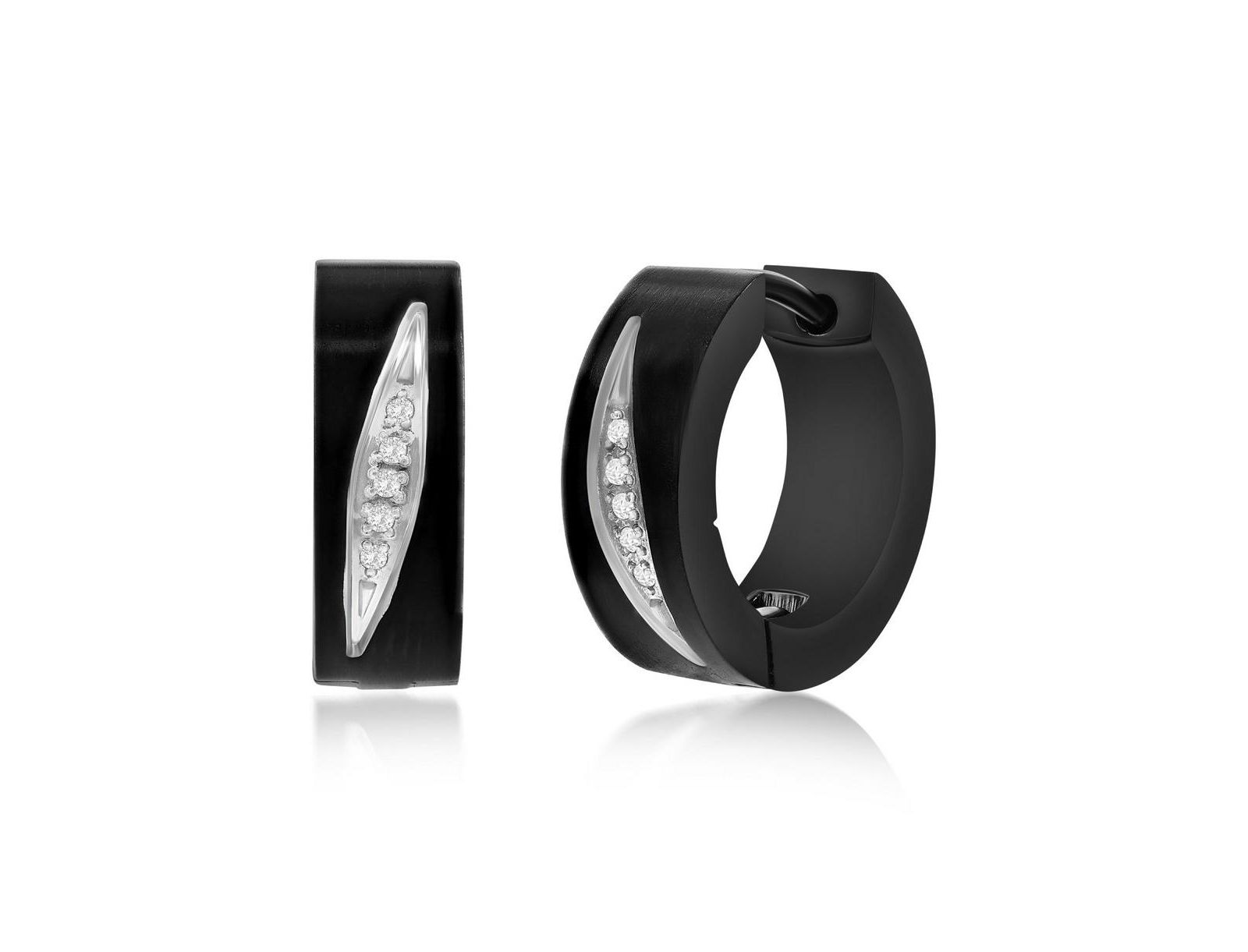 Metallo Stainless Steel, IP Black Plated CZ Designed Huggie Hoop Earrings