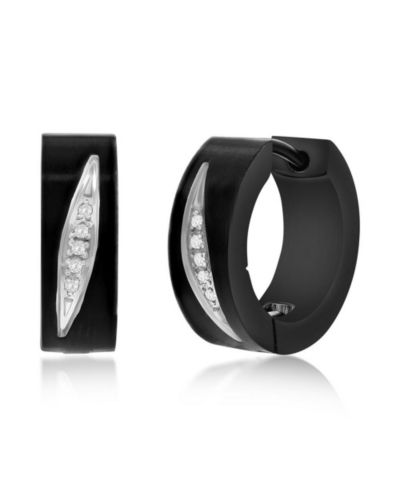 Metallo Stainless Steel, IP Black Plated CZ Designed Huggie Hoop Earrings