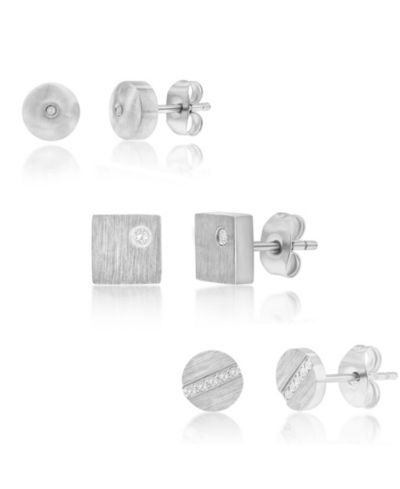 Metallo Stainless Steel, Set of 3 CZ Stud Earrings