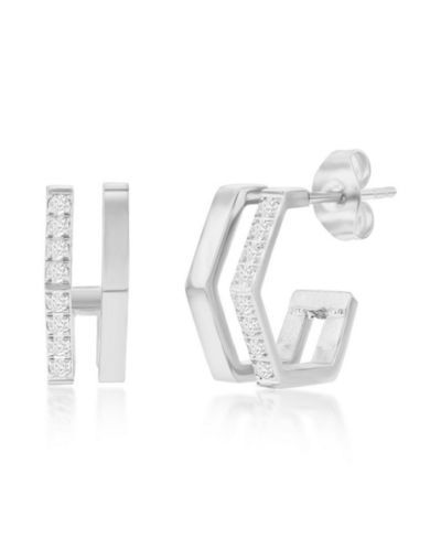 Metallo Stainless Steel, Geometric CZ Hoop Earrings