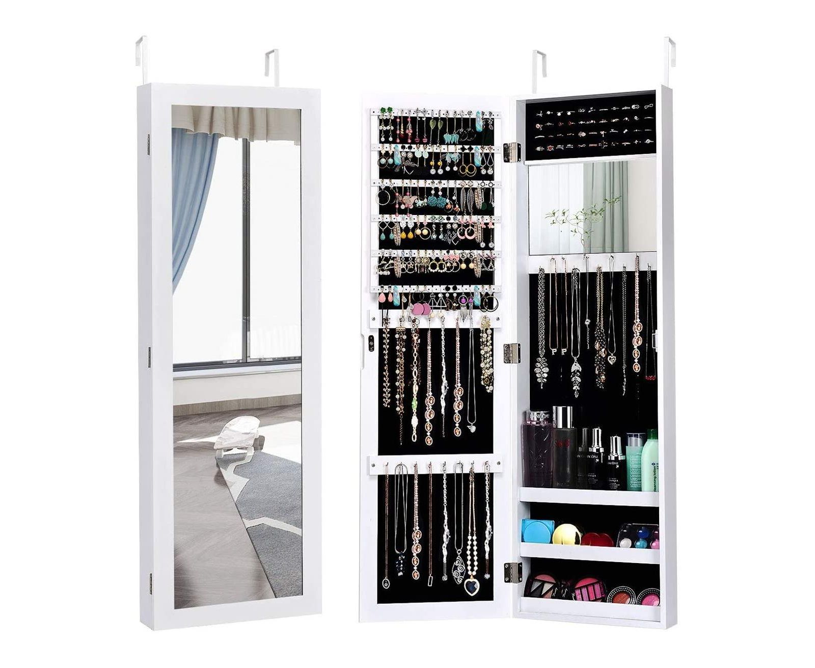 Full Length Mirror Jewelry Cabinet with 40 Ring Slots, 25 Necklace Hooks, White