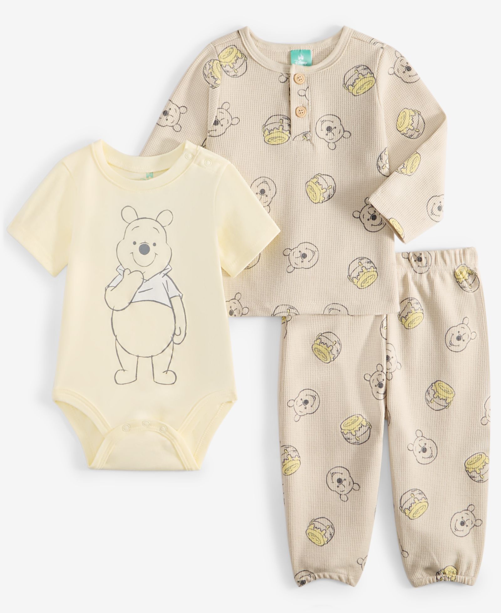 Disney Baby Boys Winnie-the-Pooh Bodysuit, Thermal Henley Top & Thermal Pants, 3 Piece Set