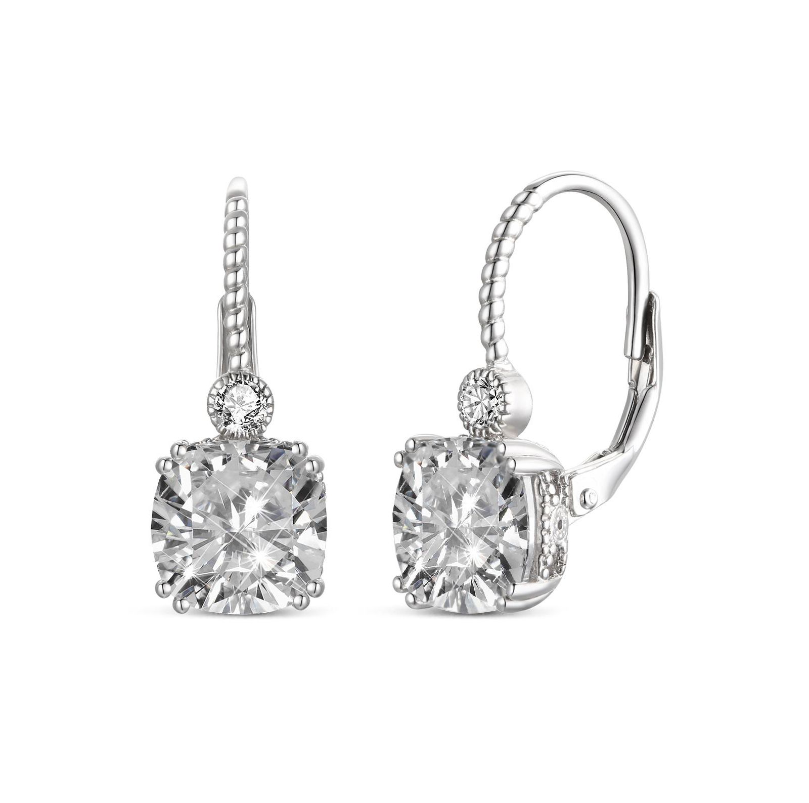 Genevive Beautiful White Gold Plated Cushion-Cut CZ leverback Earrings