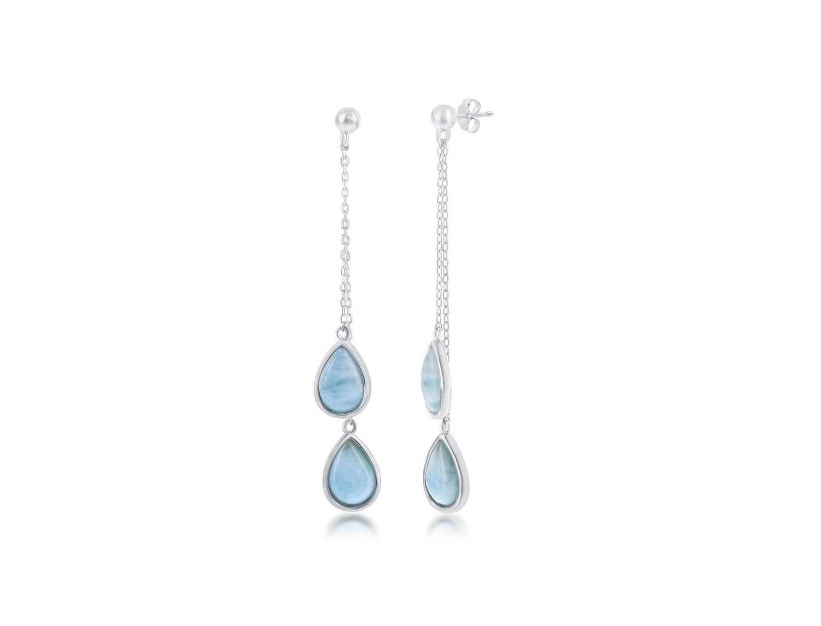 Caribbean Treasures Sterling Silver Double Pear-Shaped Larimar Dangling Chain Earrings